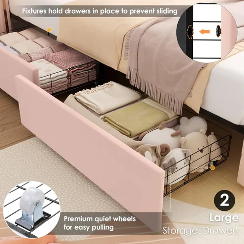 Miniatura 5 de Hifit Base de cama LED, tamaño individual, cabecera capitoné con botones de cristal, 4 cajones, moderna, piel sintética, de princesa, para niñas,