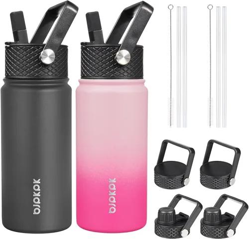 Miniatura 7 de BJPKPK Paquete de 2 botellas de agua aisladas con tapas con pajita, botella de agua de metal de acero inoxidable de 18oz con 6 tapas, jarras a
