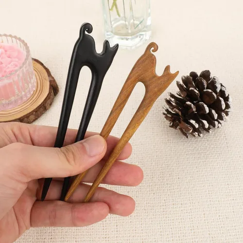 Miniatura 3 de 2 unidades de palos de pelo de madera en forma de U hechos a mano tallada de madera francesa con bonito diseño de gato, 2 puntas, horquillas