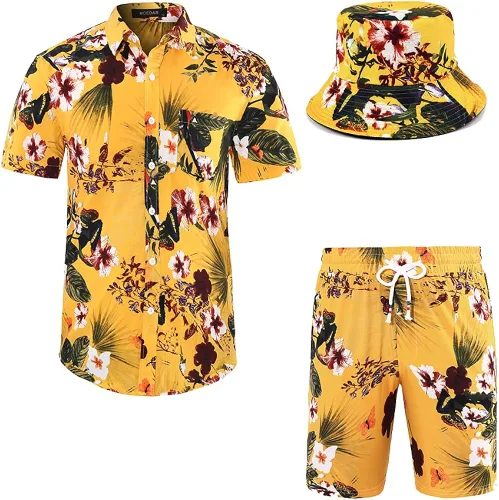 MCEDAR Conjunto de camisa hawaiana y pantalones cortos de 2 piezas para hombre, conjunto de ropa de vacaciones casual con botones y sombreros de