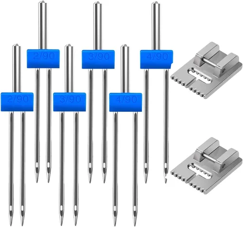 Paquete de 6 agujas dobles dobles con 2 piezas de 9 ranuras para prensatelas para pintuck, tamaño 3 tamaños 2/90 3/90 4/90 por HOWRIN
