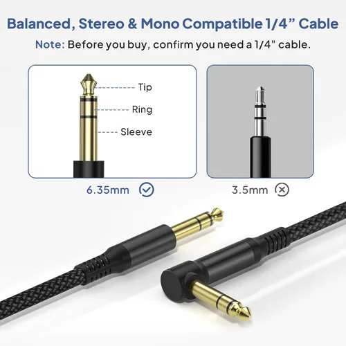 Miniatura 3 de Elebase Paquete de 2 cables TRS para instrumentos de 1/4 de pulgada de 3.3 pies, acodado a recto, conector macho jack estéreo de 6.35mm, línea