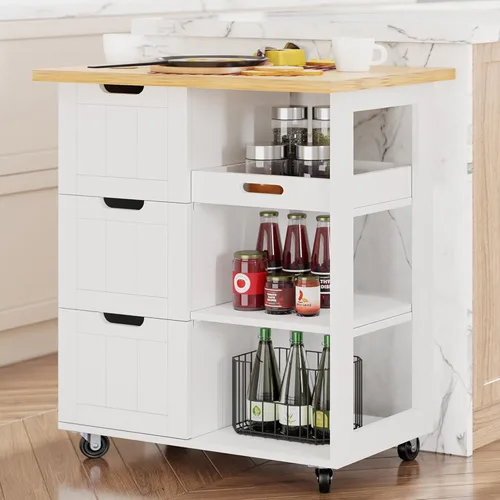 Miniatura 11 de Shintenchi Isla de cocina con hoja plegable, mesa de isla enrollable con almacenamiento, armario de cocina con ruedas con área de asiento para Blanco