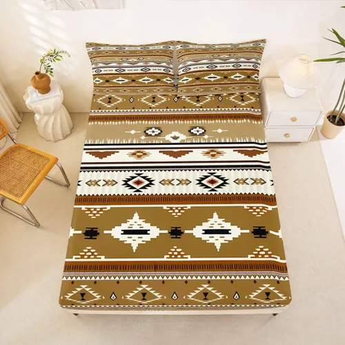 Miniatura 59 de Juego de ropa de cama occidental tamaño individual, sábanas aztecas, estilo nórdico exótico, bohemio, sábana bajera ajustable de tribu india