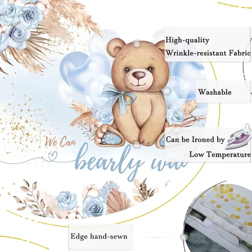 Miniatura 7 de Telón de fondo de baby shower con diseño de oso para baby shower, estilo bohemio, flor azul con texto en inglés "We can Bearly Wait", globos