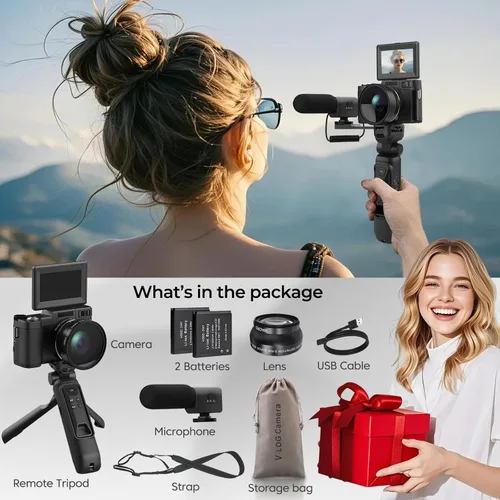 Miniatura 7 de Cámara de vlogging 4K con kits Creator Cámara digital 5K para fotografía Cámara de video de 64MP con pantalla abatible, micrófono, trípode