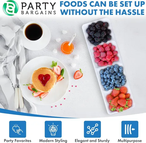 Miniatura 5 de Party Bargains Bandeja rectangular seccional desechable blanca (paquete de 4) de 5 x 16 pulgadas. Bandeja de plástico con 4 compartimentos