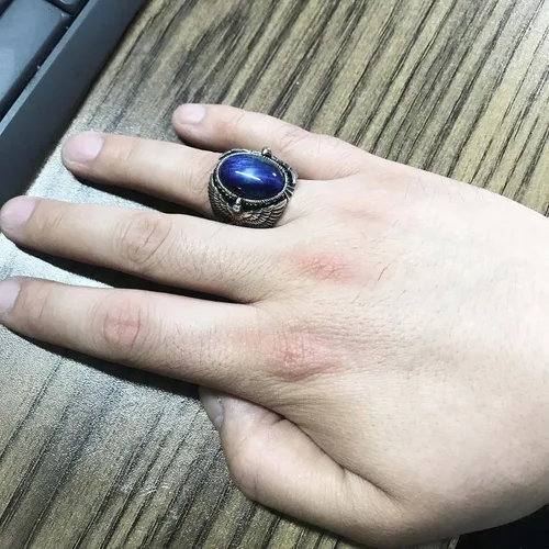 Miniatura 3 de Anillo de plata de ley 925 maciza con figura de águila ovalada con piedra de ojo de tigre azul