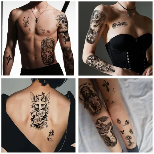Miniatura 4 de Yazhiji 48 hojas de tatuajes temporales cristianos de brazo completo para adultos, tatuajes falsos de medio brazo religiosos de Jesús Cristo, cruz