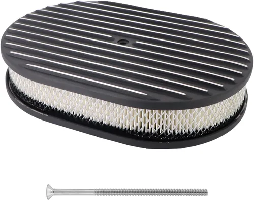 Conjunto universal de filtro de aire ovalado de aluminio pulido de 12 pulgadas, color negro, totalmente aletado, se adapta a carburadores de cuello