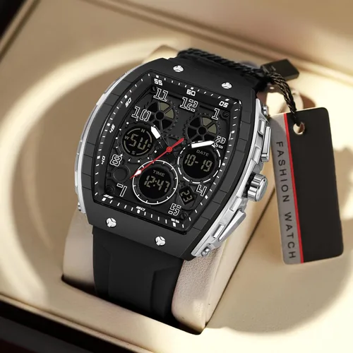 Miniatura 6 de Relojes para hombre, únicos rectángulos, reloj de pulsera blanco con pantalla digital analógica de doble hora, cronómetro de cuenta regresiva
