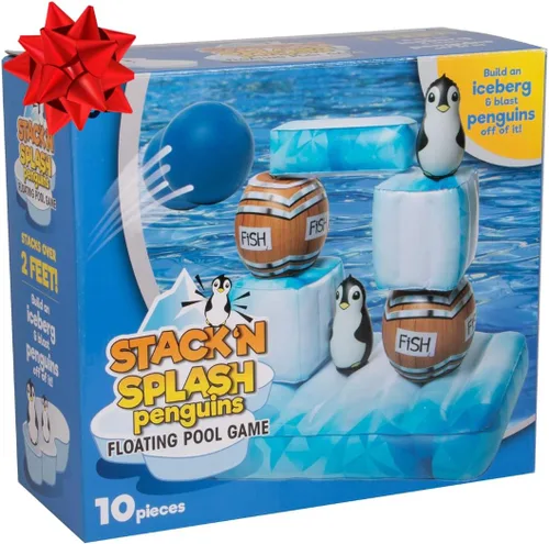 Miniatura 8 de Stack 'n Splash - Juego de piscina de pingüinos, juguete flotante para objetivo, construirlo, golpéalo, derriba. Juego de 10 piezas con 2 bolas