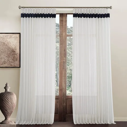 Miniatura 10 de Cortinas traslúcidas para ventana de 45 pulgadas de largo, paneles de cortinas traslúcidas semi plisadas blancas con borde negro, 26 pulgadas