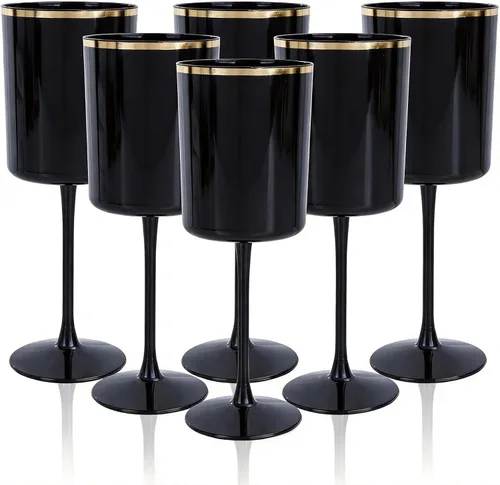 Ciaell Paquete de 12 copas de vino de plástico negro de 10 onzas con tallo – Copas de vino desechables negras y doradas, perfectas para fiestas,