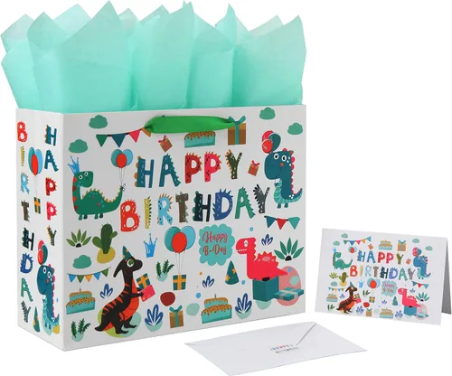 Qirrmiy Juego de bolsas de regalo grandes de 13 pulgadas con tarjeta de felicitación y papel de seda (diseño de dinosaurio verde y feliz cumpleaños)
