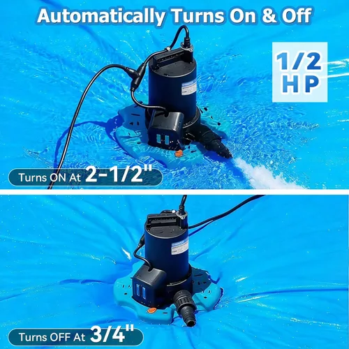 Miniatura 4 de Bomba de cubierta de piscina de 1/2 HP de encendido/apagado automático de 3500 GPH Bomba de agua sumergible con red de filtro, adaptador de válvula