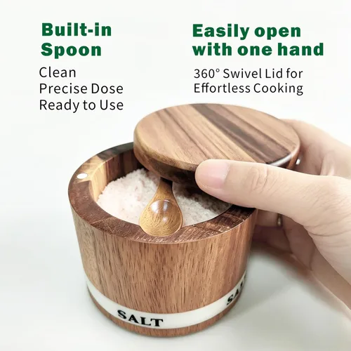 Miniatura 4 de ThougrLyh Bodega de sal, recipiente de sal de madera de acacia con tapa y cuchara, etiqueta de caja de sal grabada desmontable y cierre magnético