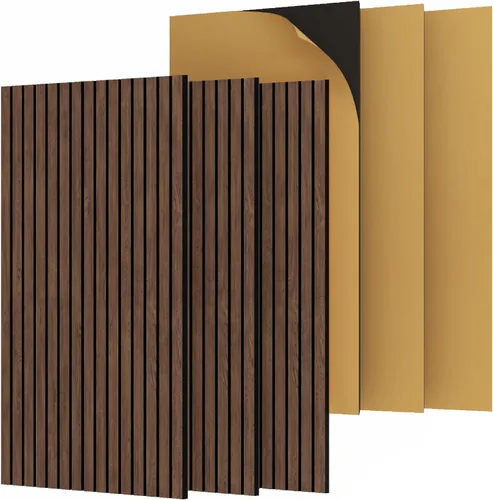 Miniatura 20 de 4 paneles de pared de listones de madera acústica 3D, absorción de sonido con cancelación de ruido, decoración de pared interior de teca natural