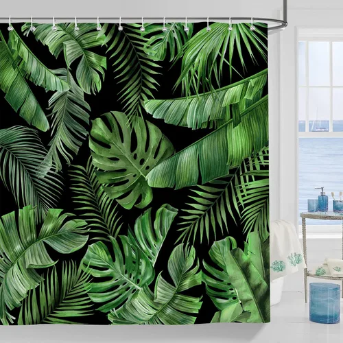Miniatura 2 de Cortina de Ducha de Hojas Tropicales, Cortina de Baño Decorativa Verde y Negra con Hojas de Palmera y Plátano, Juegos de Cortinas de Ducha de Tela