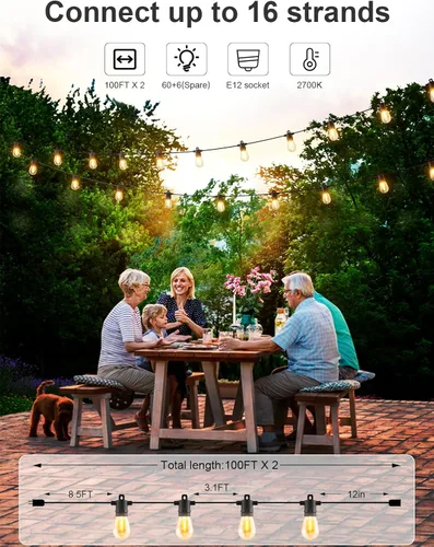 Miniatura 3 de Svater Guirnalda de luces para exteriores de 200 pies, luces de patio para exteriores con bombillas LED inastillables, impermeable, IP65, luz