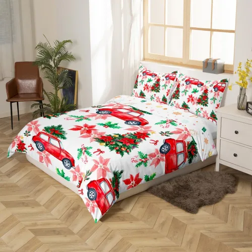 Miniatura 6 de Erosebridal Juego de funda de edredón de flores de pascua, diseño de árbol de Navidad verde, tamaño individual, colorido con luces de Navidad, juego