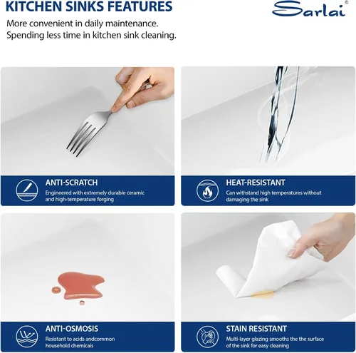 Miniatura 5 de Sarlai Fregadero de cocina blanco de 27 pulgadas de 27 x 19 pulgadas, fregadero de cocina blanco de doble caída y montaje inferior, de arcilla