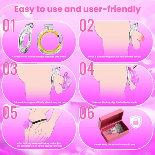 Miniatura 7 de Jaula de castidad de silicona suave para hombre, 4 tamaños de anillo seleccionables, jaula flexible para el pene con cinturón de castidad y bloqueo