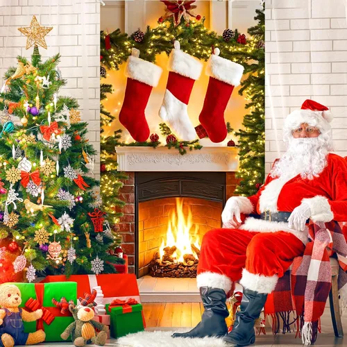 Miniatura 3 de Cartel de cubierta de puerta de chimenea de Navidad con medias y letrero – Fondo de soporte para cabina de fotos para vacaciones interior/exterior