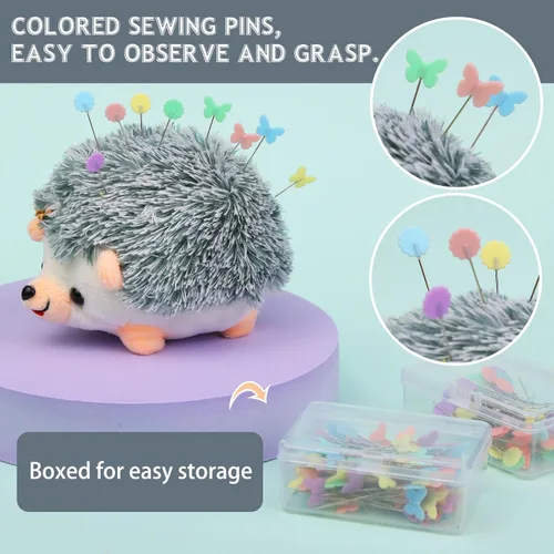 Miniatura 3 de Fteven Kit de 200 Piezas de Alfileres Rectos de Cabeza Plana con Alfiletero Erizo, Alfiletero Grande con Caja de Almacenamiento Transparente