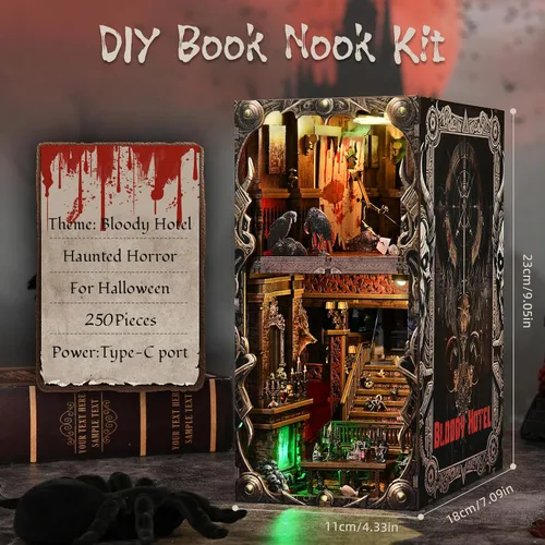 Miniatura 7 de Kit de Rincón de Libro Espeluznante DIY, Casa de Muñecas en Miniatura Rompecabezas 3D de Halloween, Rompecabezas de Madera 3D de Terror Aterrador