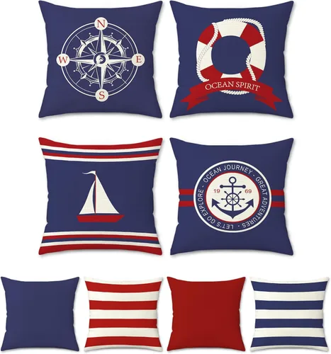 Miniatura 7 de Bonhause Juego de 4 fundas de almohada náuticas de 16 x 16 pulgadas, con ancla, faro, rojo, azul marino, decorativas, para exteriores, para sofá