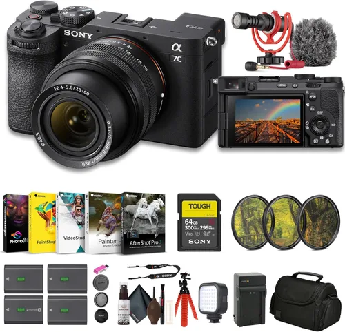 Sony Cámara sin espejo a7C II con lente de 1.102-2.362 in (ILCE-7CM2L/B) + tarjeta resistente SF-G de 64 GB + kit de filtro + bolsa + 3 baterías