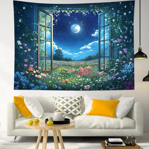 Miniatura 12 de LB Tapiz de cielo nocturno, luna llena en el mar, tapiz para colgar en la pared, tapiz de nube blanca de fantasía, tapiz de acuarela, arte de pared