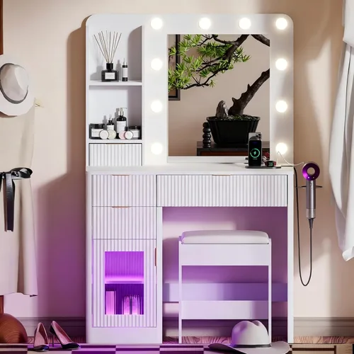 Miniatura 10 de Juego de tocador de maquillaje con espejo LED ajustable, 4 cajones, armarios de vidrio RGB, toma de corriente y taburete, tocador acanalado