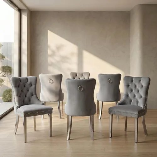 Miniatura 45 de Juego de 2 sillas de comedor de terciopelo, sillas de comedor copetudas de mediados de siglo con anillo trasero de cabeza de clavo, patas de metal