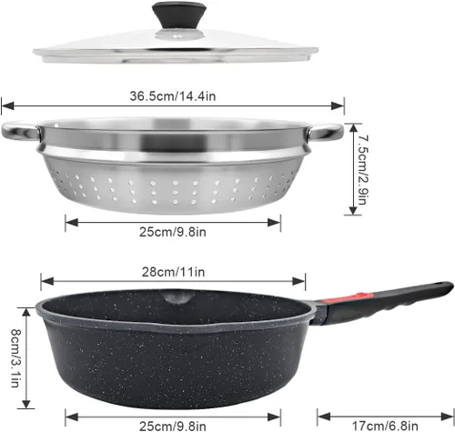 Miniatura 6 de Sartén antiadherente de 12 pulgadas con vaporizador, sartén profunda de 5 cuartos de galón con tapa, utensilios de cocina para cocinar, mango