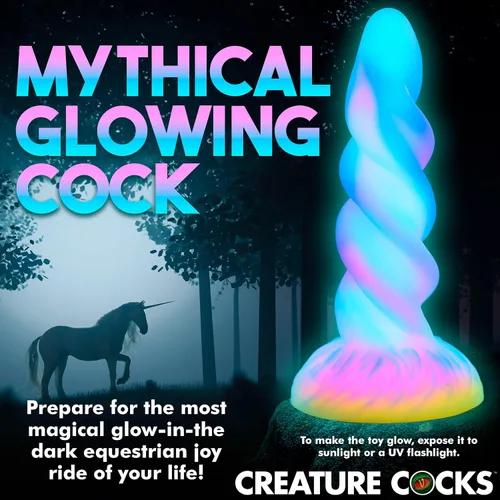 Miniatura 5 de CREATURE COCKS Consolador de silicona de unicornio que brilla en la oscuridad para hombres, mujeres y parejas. Firme y flexible, base de succión