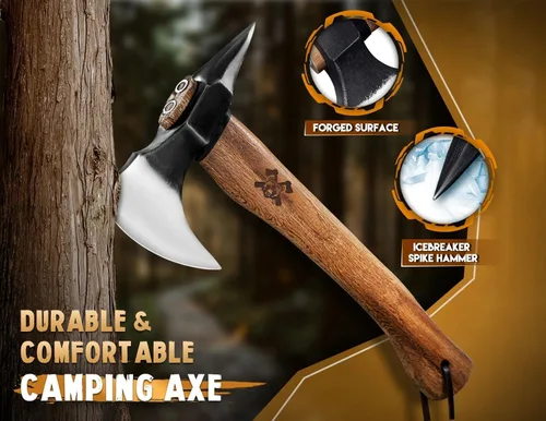 Miniatura 4 de Grumpy Bear Hacha de supervivencia de 15 pulgadas, hoja de acero forjado de alto carbono con mango de madera de nogal, agarre antideslizante, ideal