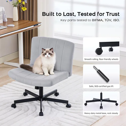 Miniatura 3 de LukkDys Silla cruzada con ruedas, silla de escritorio de patas cruzadas anchas, cómoda silla de tocador de tela para el hogar, oficina, dormitorio