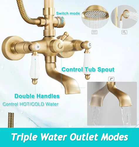 Miniatura 3 de Sistema de ducha de latón antiguo, accesorios de ducha para exteriores con cabezal de ducha de lluvia de 8 pulgadas y asas cruzadas dobles para baño