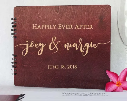 Miniatura 9 de Libros de invitados de boda de madera personalizados (11 x 8.5 pulgadas, tinte de madera de roble) con encanto rústico, álbum de fotos instantáneas