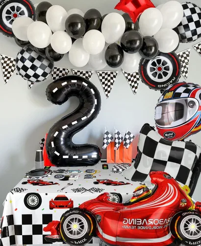 Miniatura 3 de Globos de coche de carreras, globos de neumáticos, bandera a cuadros, globos para casco, dos globos de carreras rápidas y rápidas, decoración
