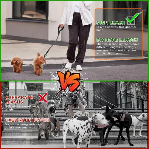 Miniatura 4 de Correa doble para perro para dos perros, desmontable giratoria de 360°, correa sin enredos con tiras reflectantes para caminar y entrenar perros