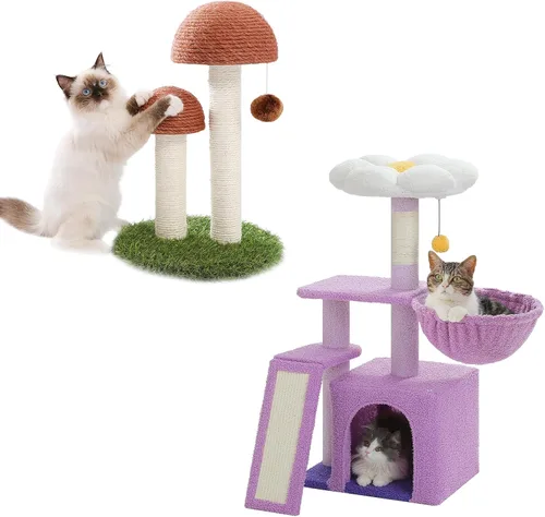 PETEPELA Árbol de flores para gatos de interior, torre pequeña para gatos de 31.5 pulgadas, condominio con rampa rascador de sisal + poste rascador