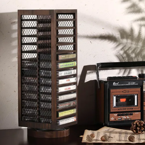 Miniatura 2 de FARM IN Almacenamiento de cinta de casete, diseño giratorio de 360 grados, torre de cassette estilo granja, doble cara de 28 ranuras, madera maciza