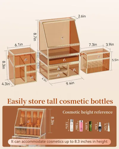 Miniatura 6 de Youdepot Organizador de maquillaje extra grande, almacenamiento de cosméticos de vidrio con cajones, organizador apilable de maquillaje y joyas