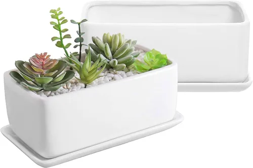 Miniatura 8 de MyGift Maceta de Cerámica de 14 Pulgadas para Plantas de Interior con Agujero de Drenaje, Maceta Rectangular para Suculentas con Caja Abierta