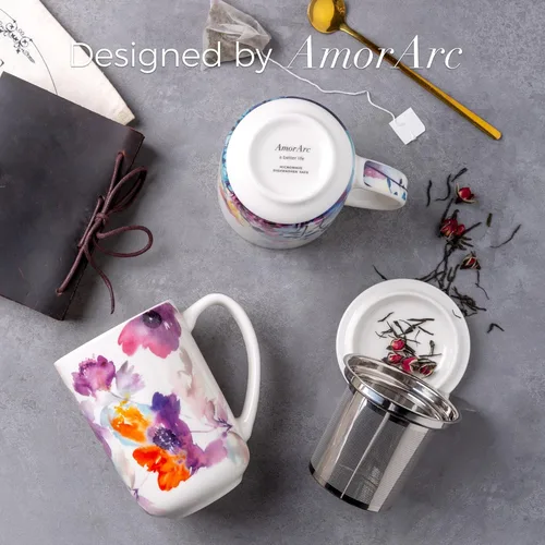 Miniatura 4 de AmorArc Taza de Té de Porcelana con Infusor y Tapas, Taza Grande de 18 Oz con Colador y Soporte para Bolsa para Té de Hojas Sueltas, Taza de Café