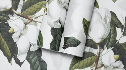 Miniatura 9 de HAOKHOME Papel tapiz floral para despegar y pegar, papel de pared extraíble Magnolia de vinilo blanco hueso, gris/verde, papel de contacto