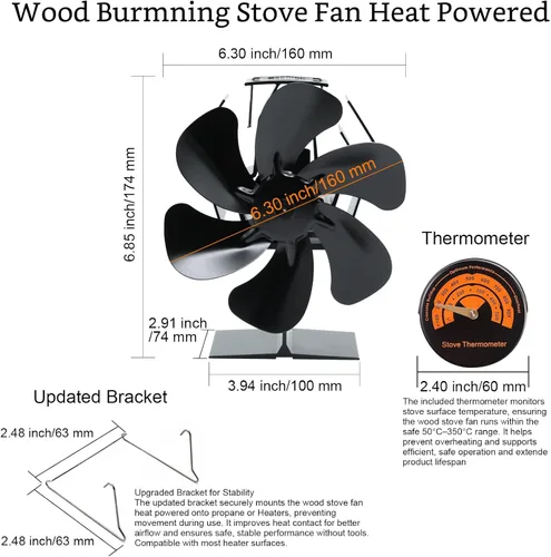 Miniatura 4 de Ventilador de estufa de leña alimentado por calor, ventilador termoeléctrico de 6 aspas de funcionamiento silencioso de aluminio con soporte fijo